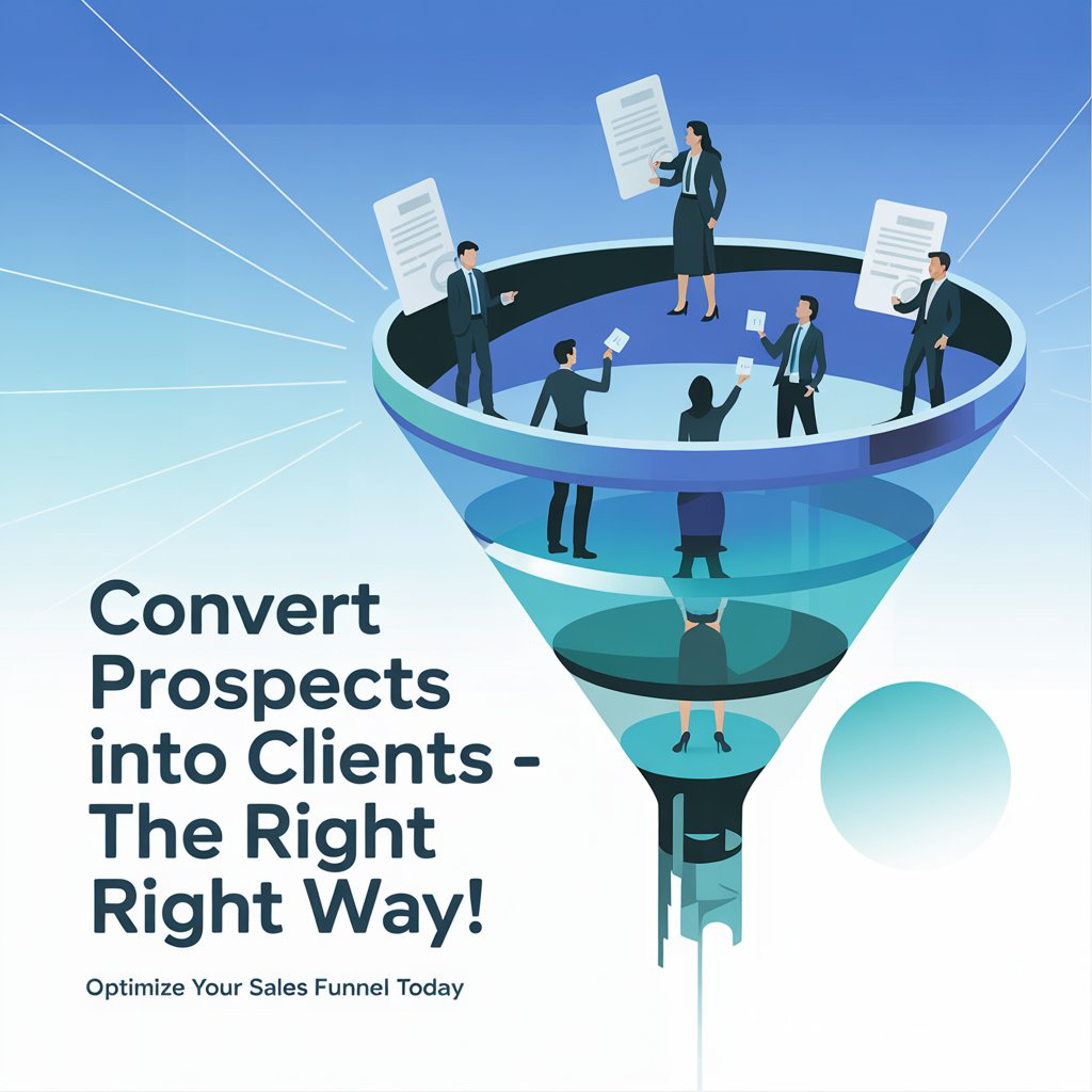 Illustration of a sales funnel with professionals progressing downward. At the top, figures hold documents; midway, collaboration occurs; at the bottom, a client exits. Text reads: 'Convert Prospects into Clients – The Right Way! Optimize Your Sales Funnel Today.' Blue gradient background